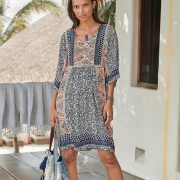 Sundance Patchwork My Favorite Dress Multicolor Boho Short Sleeve paisley - Picture 2 of 4